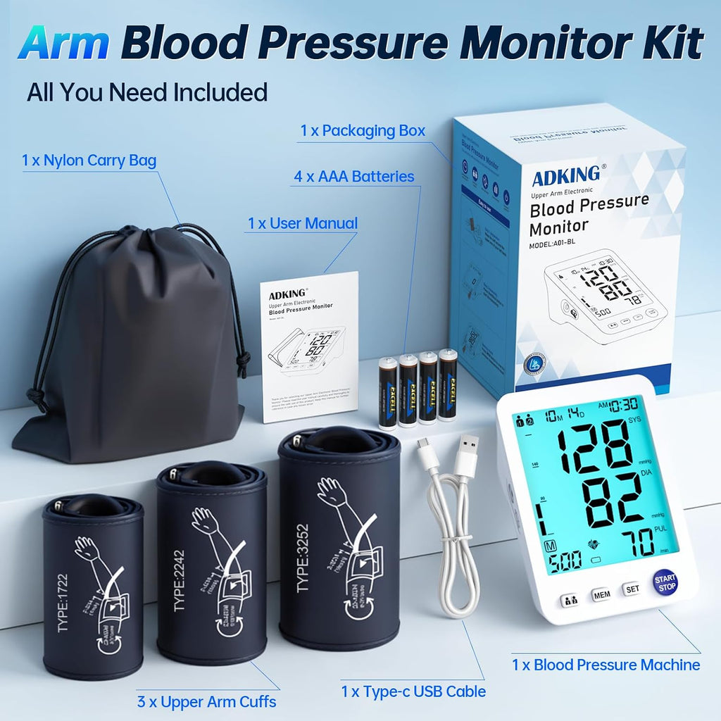 Upper Arm Electronic Blood Pressure Monitor 3 Size Cuffs (S, M/L, XL) | Small 7-9", Medium/Large 9-17", Extra Large