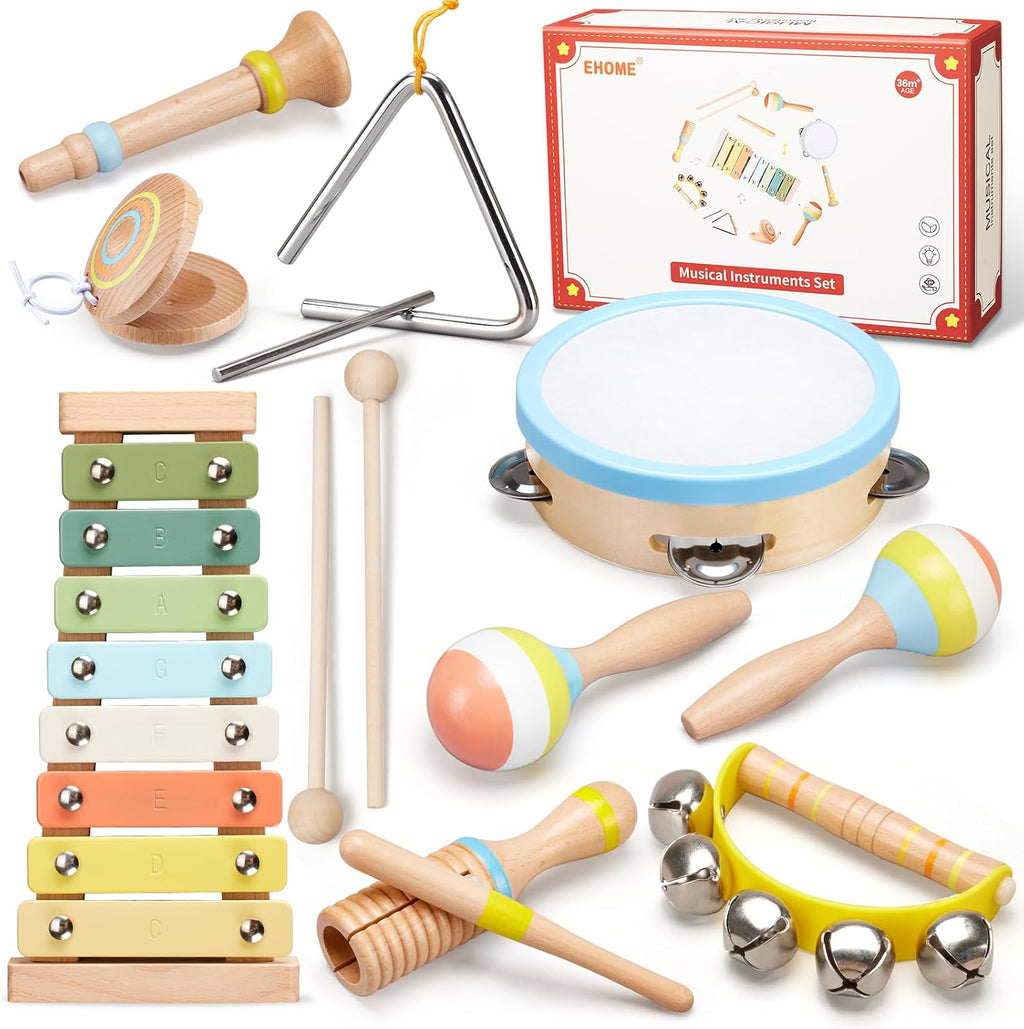 Baby Musical Instruments Set Montessori Wooden Music Toys for Toddlers 3 4 5 Neutral Color Percussion Music Kit with