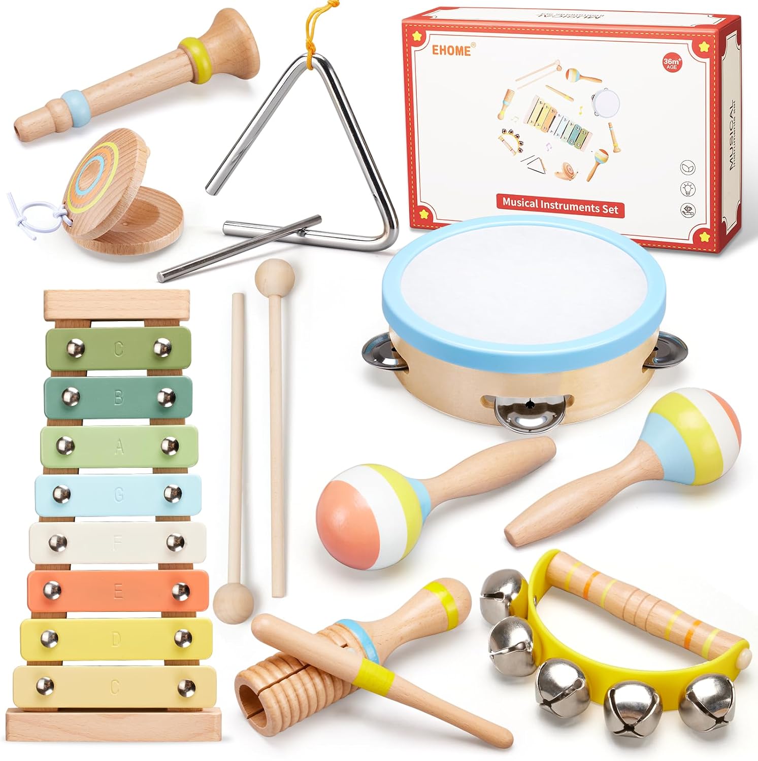 Baby Musical Instruments Set Montessori Wooden Music Toys for Toddlers 3 4 5 Neutral Color Percussion Music Kit with
