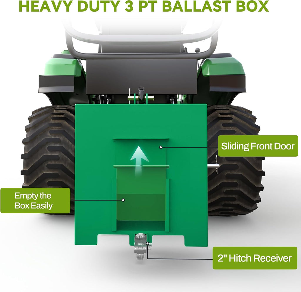 Tractor Ballast Box, 3 Point Hitch Counterweight Box with 2" Receiver, Fits for CAT1 Tractor,800lb Capacity,Green