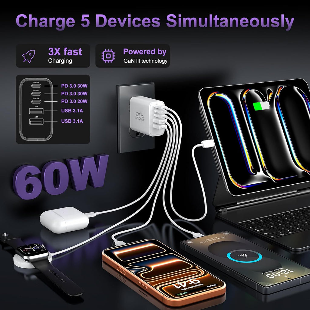 USB C Fast Charger Block, 60W USBC Wall Charger Plug, 2Pack 5-Port Type C Phone Charging Cubes Power Adapter