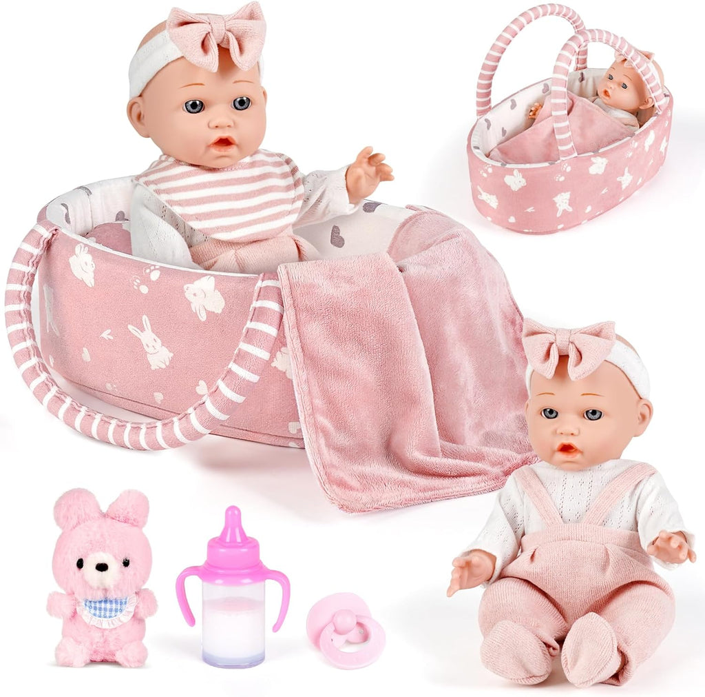 12'' Baby Doll Playset with Carrier Bassinet Bed, 11PCS Baby Doll Accessories Includes Pacifier, Blanket, Pillow