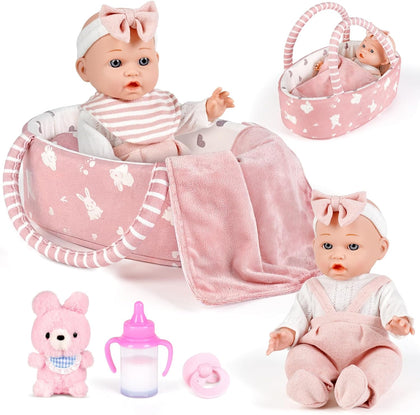12'' Baby Doll Playset with Carrier Bassinet Bed, 11PCS Baby Doll Accessories Includes Pacifier, Blanket, Pillow