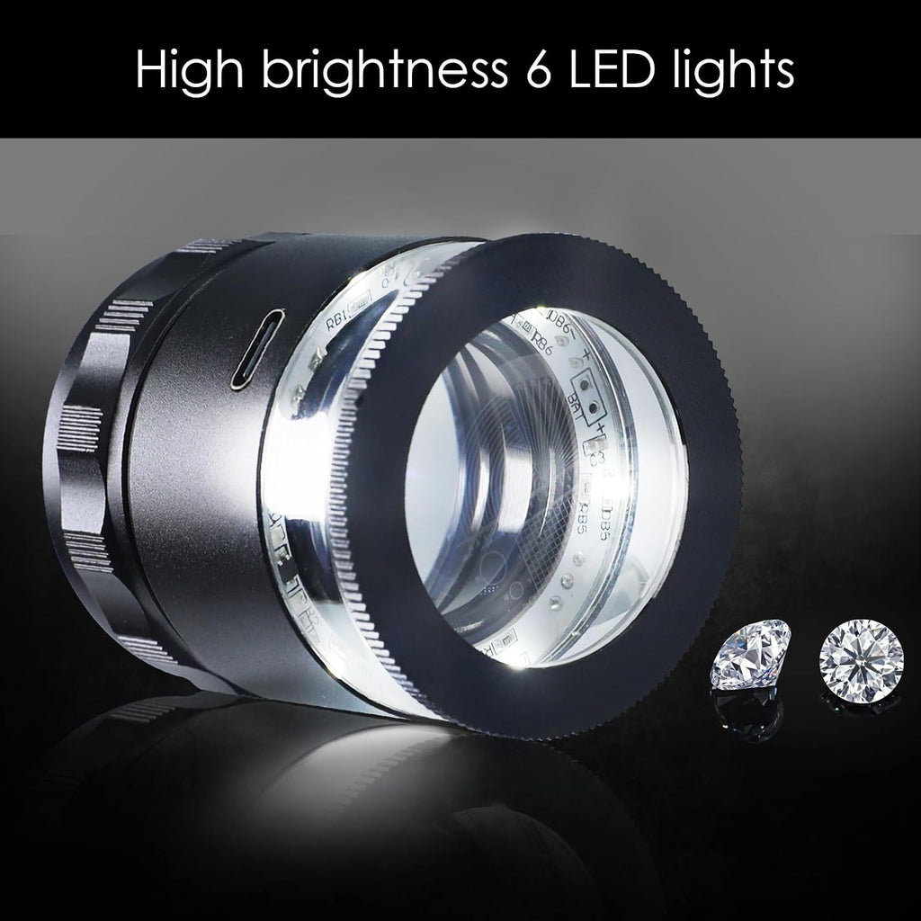 10X Rechargeable Jewelers Loupe Magnifier with LED Light & Detachable Reticle Scale, 25mm Field of View, Adjustable
