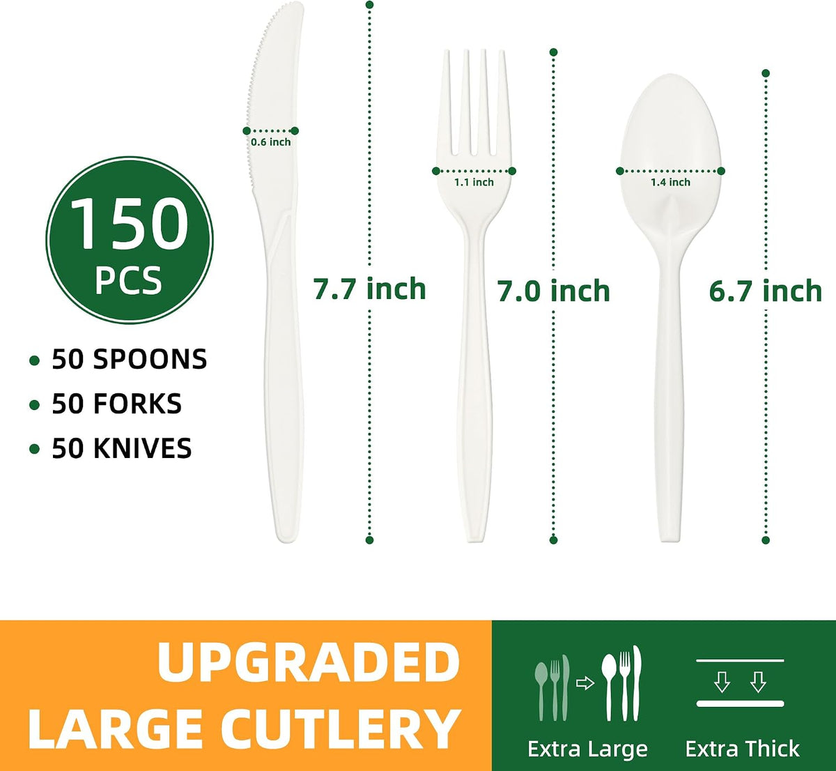100% Compostable Cutlery Set, 150pcs (50 Forks,50 Spoons,50 Knives)