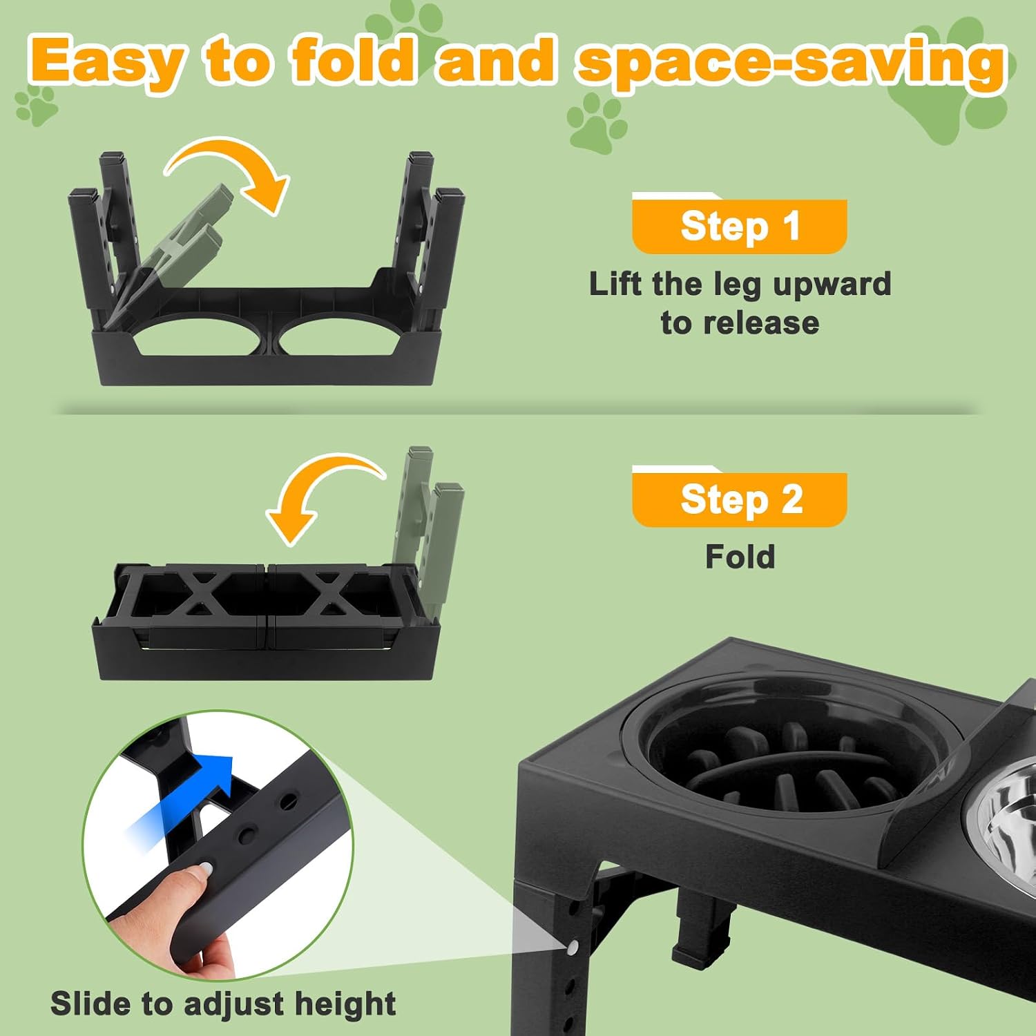 4-in-1 Dog Bowl Elevated Stand with Slow Feeder & Spill-Proof Water Bowl, 5-Height Adjustable Raised Dog Bowl for