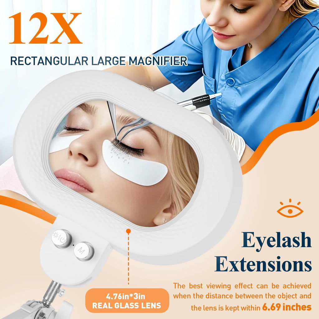 2200 Lumens 12X Esthetician Magnifying Floor Lamp, 3-Axis Magnifier | Dual-Knob, Square Glass, Stepless Dimmable, 4