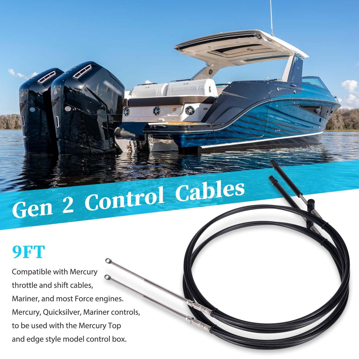 2pcs 9FT Gen2 Boat Throttle and Shift Cables For Mercury 4000 Control