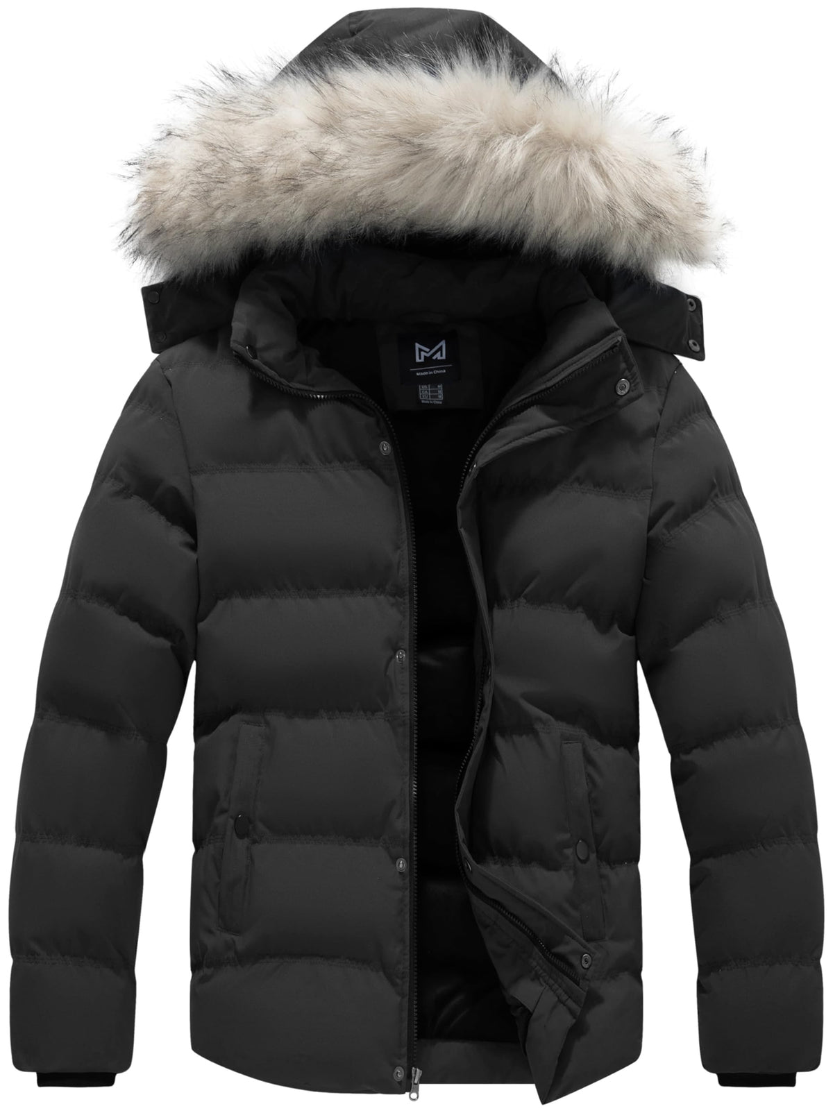 Men's Warm Hooded Thick Quilted Puffer Jacket-Black Large
