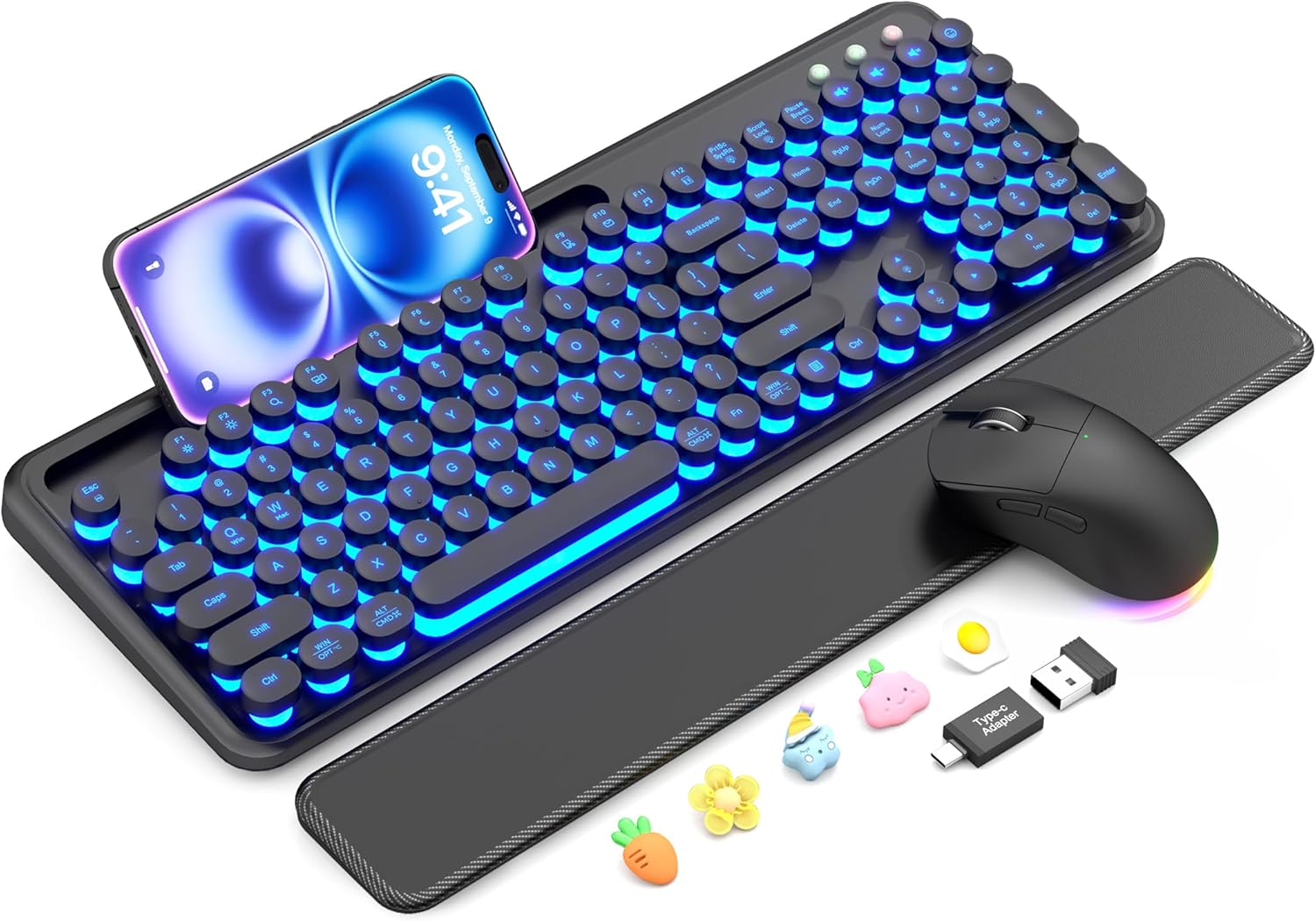 Wireless Keyboard and Mouse, Backlit Typewriter with Magnetic Wrist Rest | Phone Holder, Light Up Round Keycaps