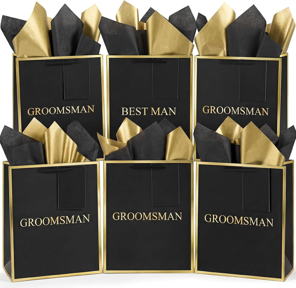 6 Pack Groomsmen Gift Bags with Tissue Paper, Medium, Black Gold