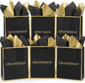 6 Pack Groomsmen Gift Bags with Tissue Paper, Medium, Black Gold