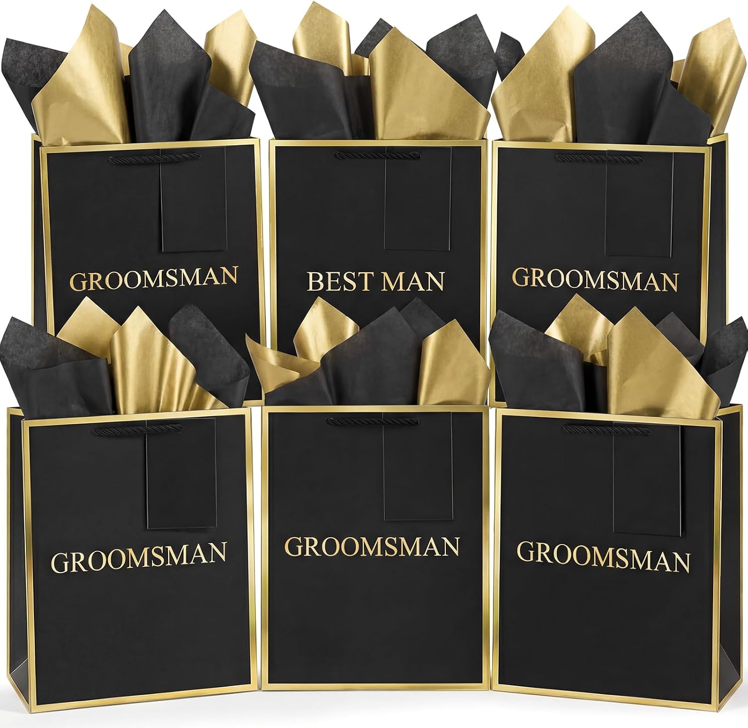 6 Pack Groomsmen Gift Bags with Tissue Paper, Medium, Black Gold