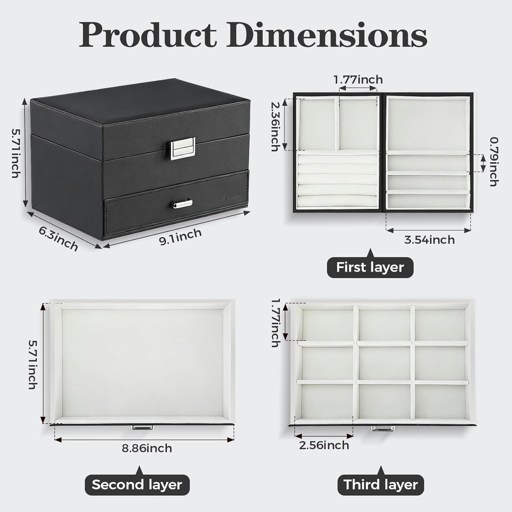 Jewelry Organizer Box, Large Jewelry Boxes for Women Girls, Space-Saving 3 Layers Jewelry Storage Case with Drawer