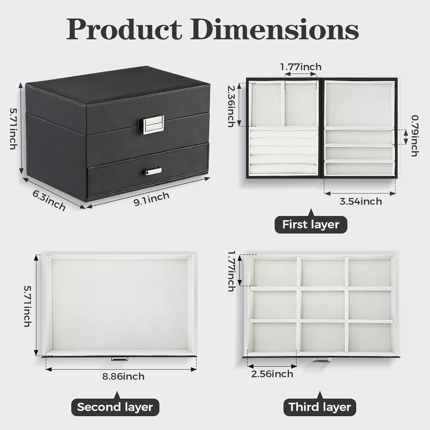 Jewelry Organizer Box, Large Jewelry Boxes for Women Girls, Space-Saving 3 Layers Jewelry Storage Case with Drawer