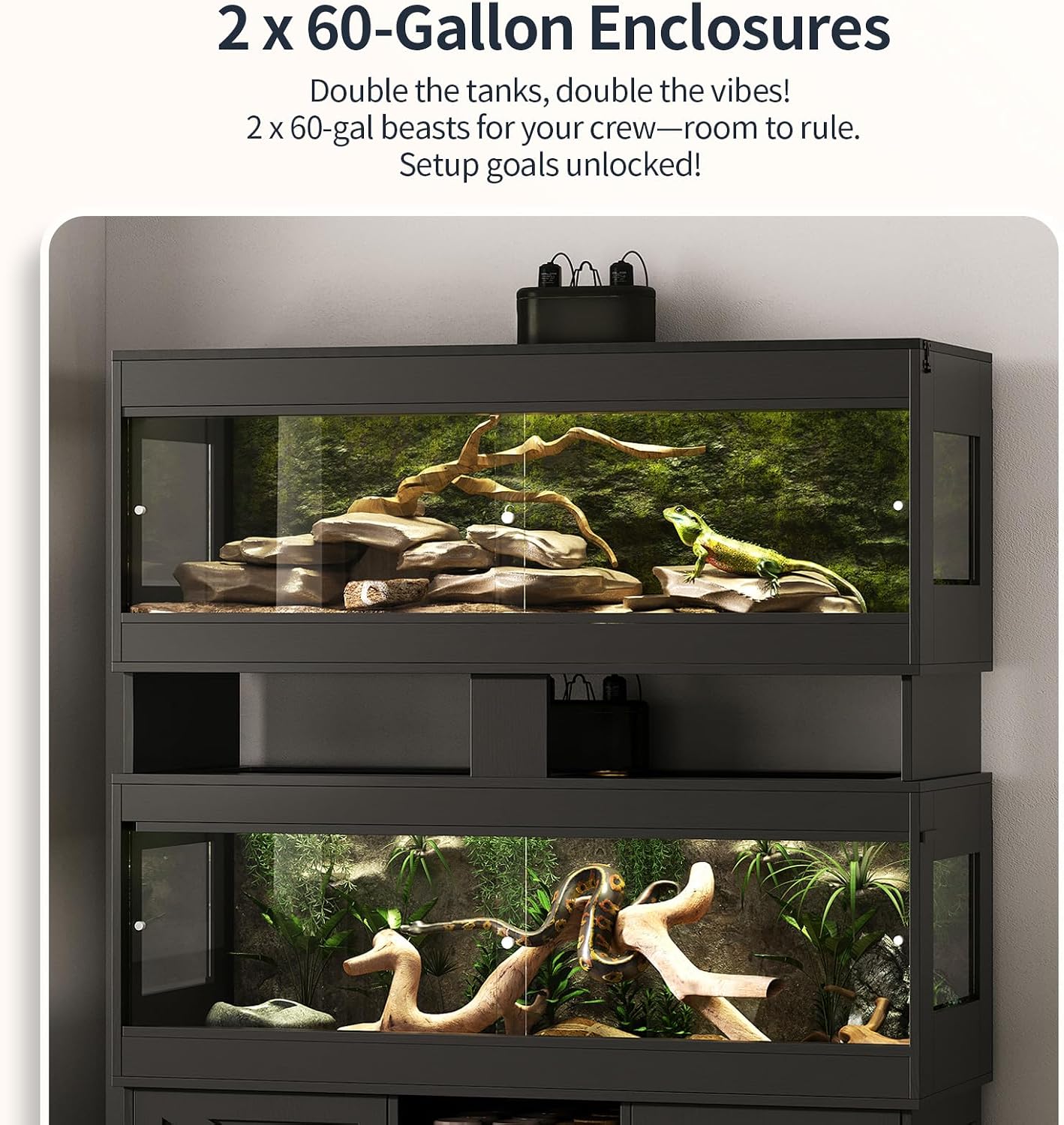 Dual 60 Gallon Reptile Tank with Stand,Reptile Enclosure | Bearded Dragon Tank Reptile Terrarium with Cabinet,Sliding