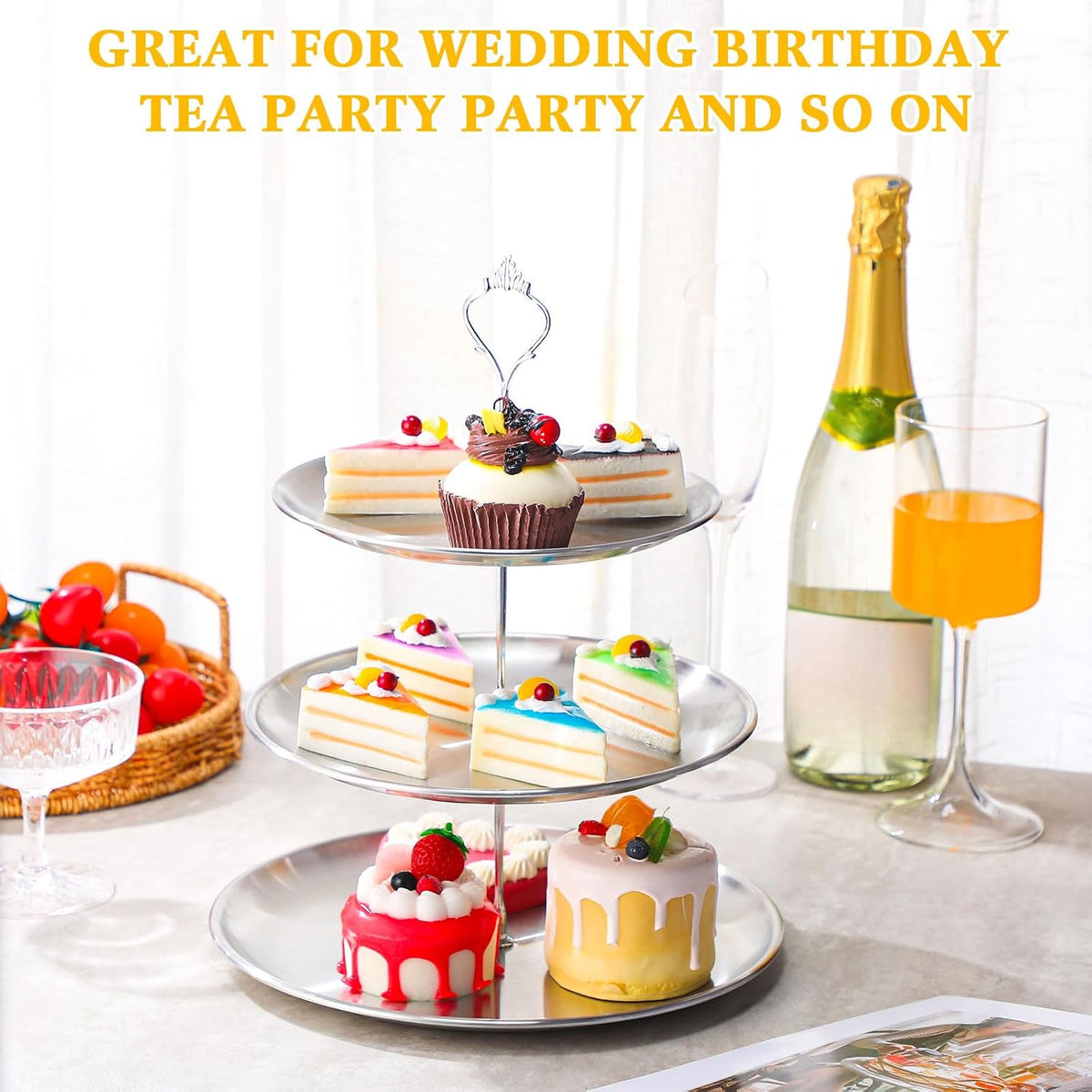 2 Pack 3 Tier Cupcake Stand Serving Tray Metal,Silver