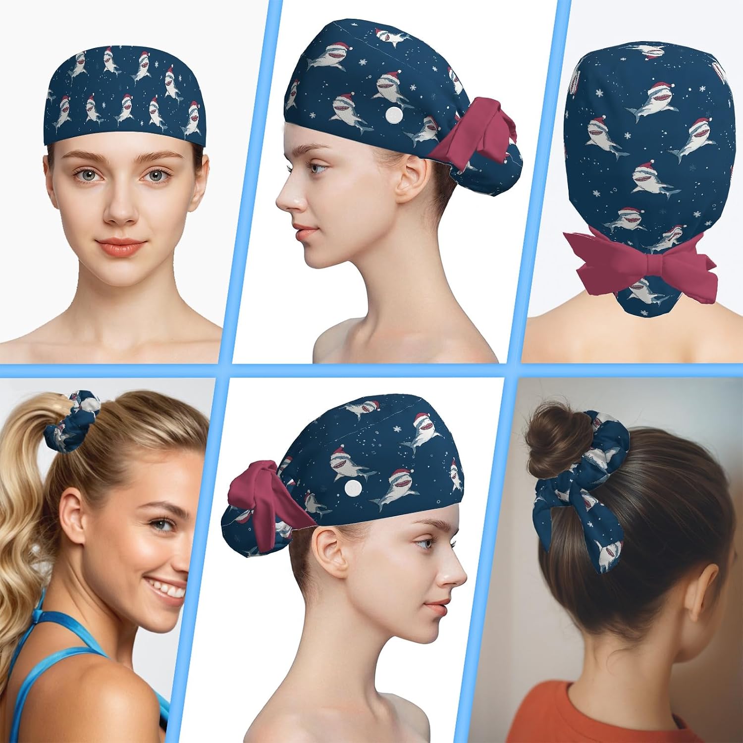 Scrub Caps Women Ponytail, Adjustable Surgical Caps with Buttons and Sweatband, Bouffant Hat with Hair Scrunchy