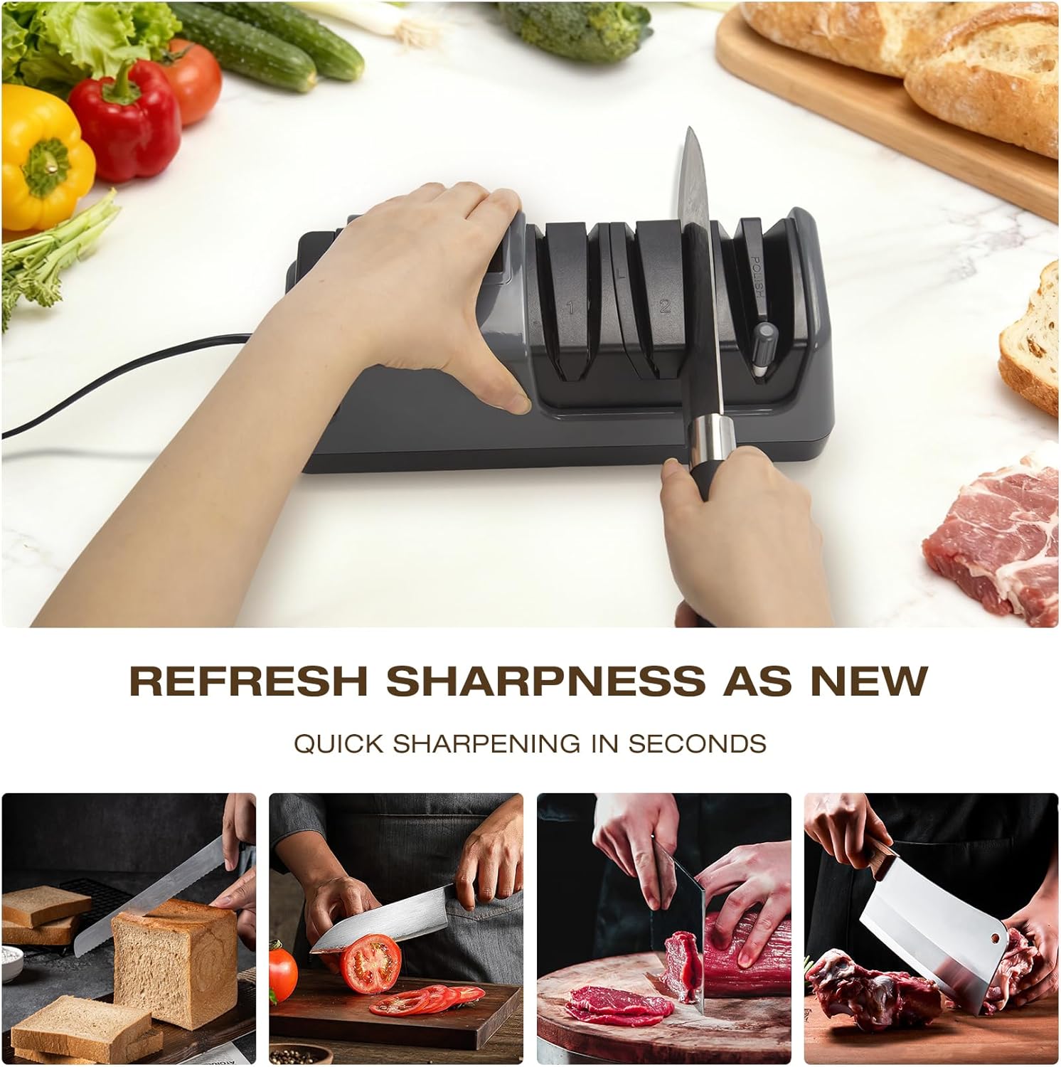 Electric Knife Sharpener for Kitchen, 3-Stage 100% Diamond Abrasive, LCD Screen, 3-speed adjustable, Precision Angle