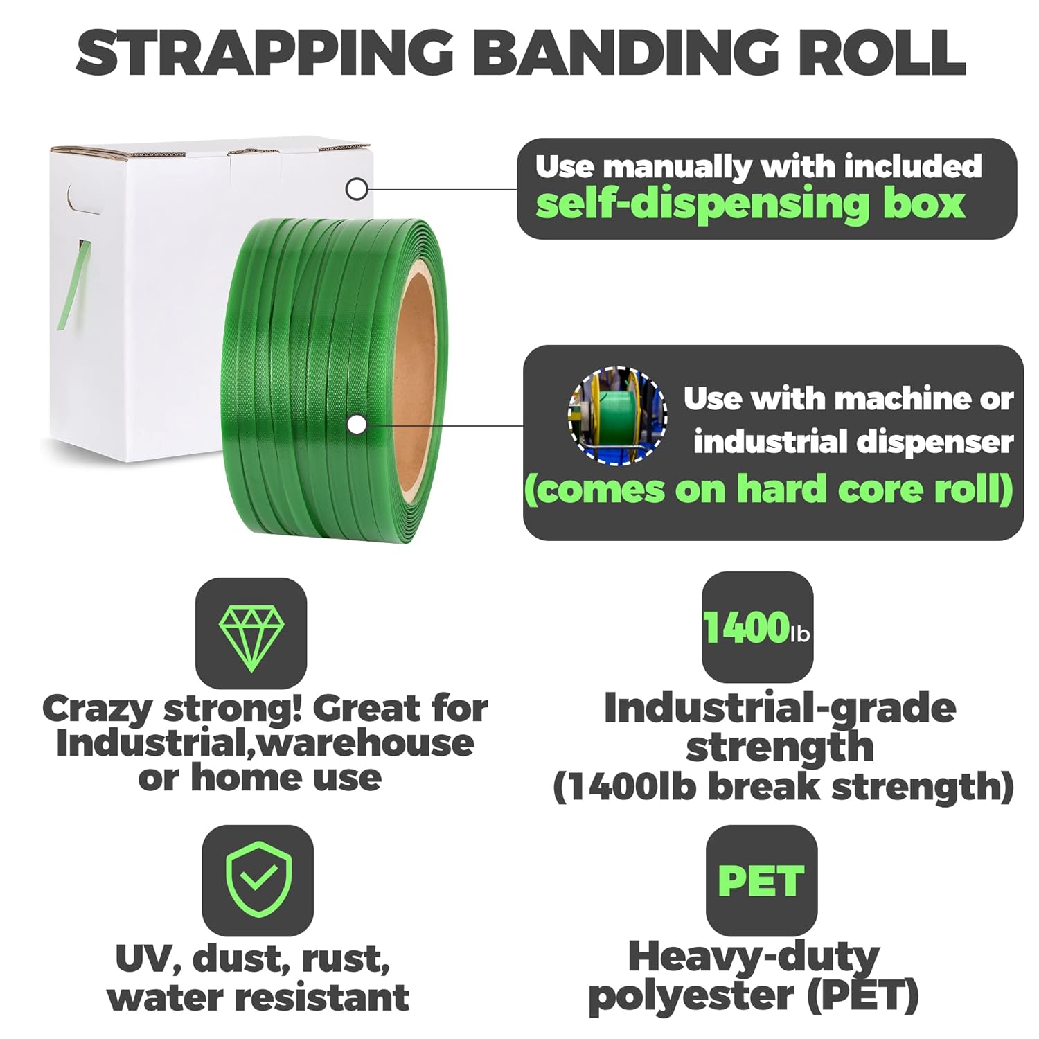 Heavy Duty Packaging Strapping Banding Roll - Green Polyester PET Industrial-Grade, 1000' x 5/8" x 0.035" Pallet
