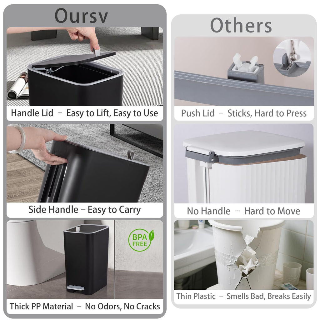 Small Bathroom Trash Can with Lid, 3.2 Gallon Slim Step Trash Can, Black