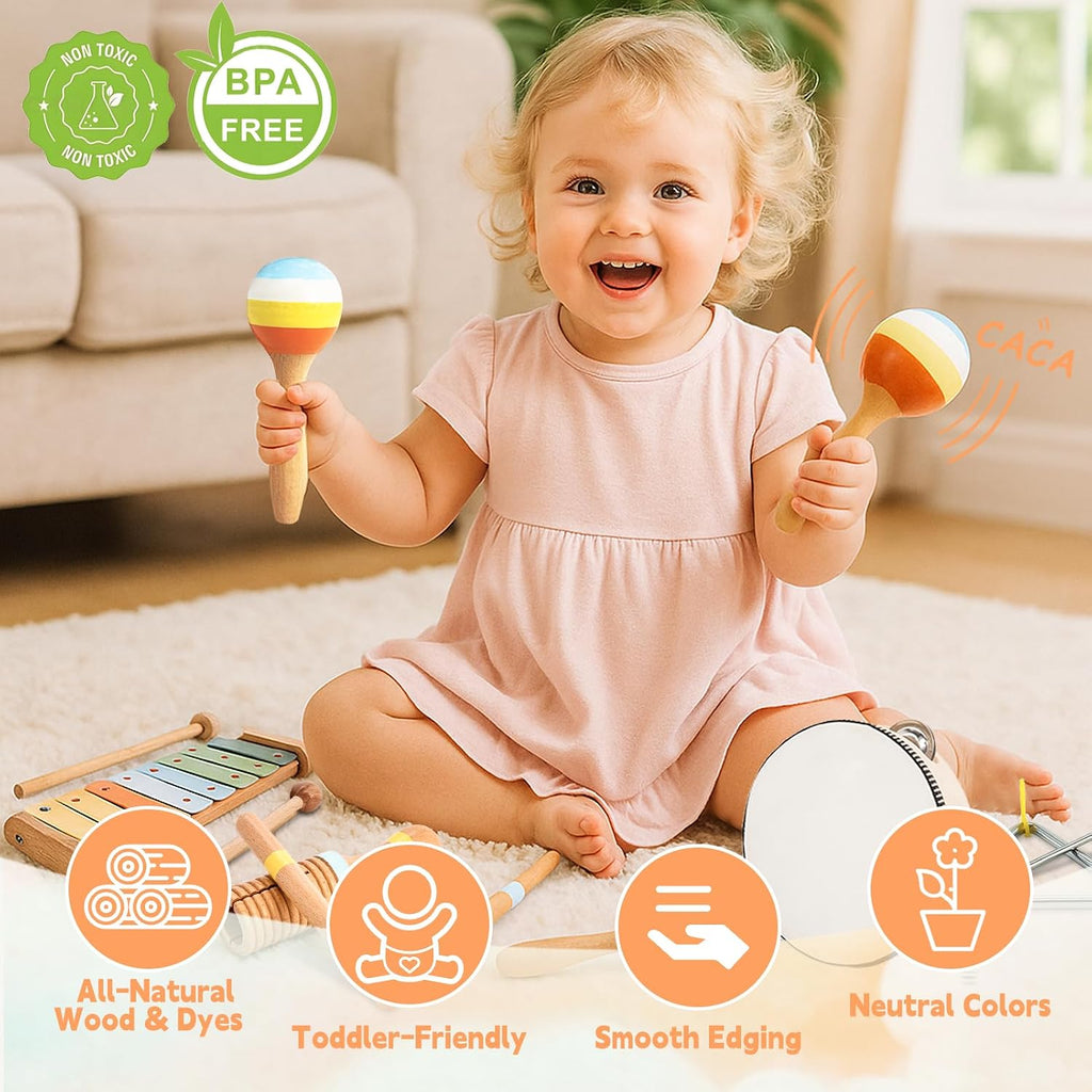Baby Musical Instruments for Toddlers 1-3, 12PCS Montessori Musical Toy Set with Xylophone, Drum, Maracas...Perfect