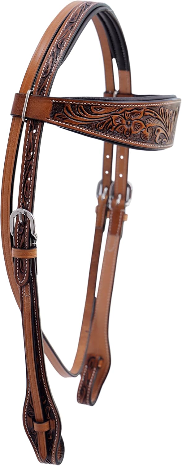 Horse Headstall, Natural, Super Leather, Antique, Tooling, Quick Bit Change Padded Western Browband Headstall