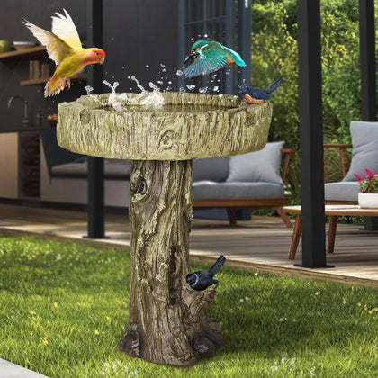 24.4” H Fibre Reinforced Concrete Outdoor Garden Bird Bath with Birds, Woodland Tree Trunk Decoration Yard