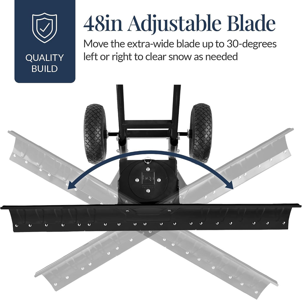 48in Heavy-Duty 2-Wheel Snow Pusher Hand Plow for Snow Removal w/Wheels, Adjustable Handle, Blade Angle - Black