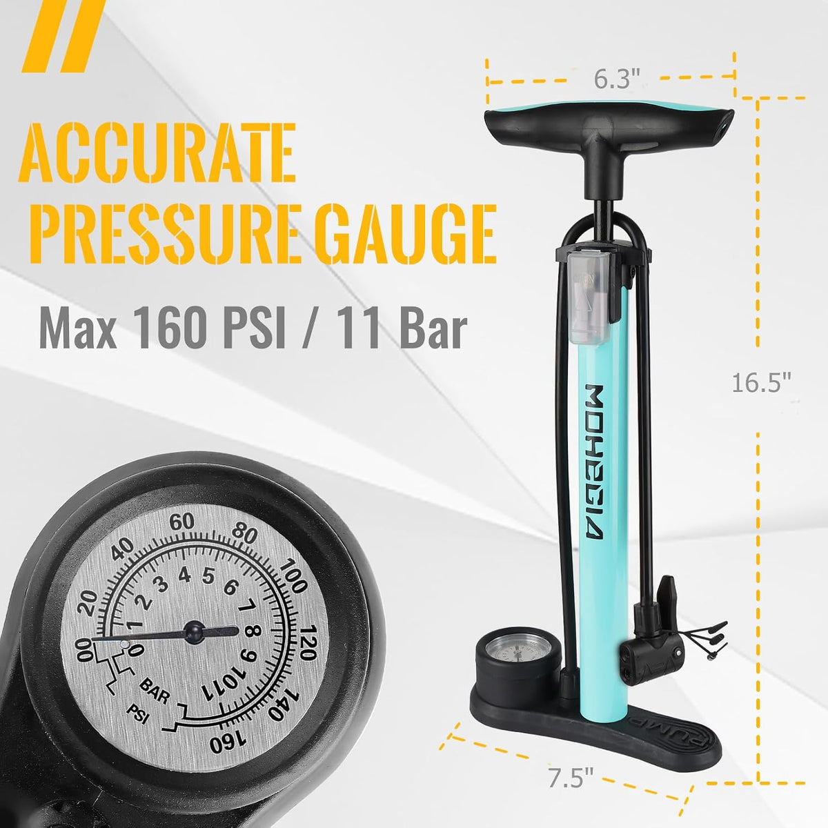 Bike Floor Pump with Gauge: Air Bicycle Pump with High Pressure 160 PSI,Fits Schrader and Presta Valve -Inflator with