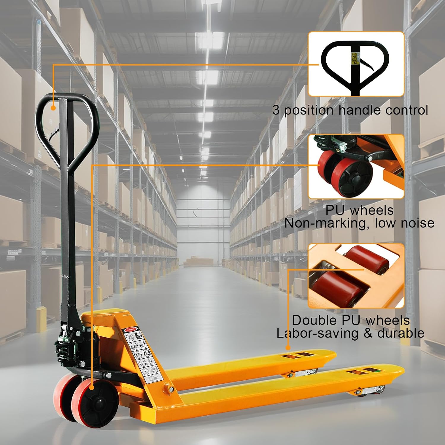 Industrial Duty Pallet Jack Truck with 27" W x 48" L Forks, 5500Lbs. Capacity, Dual PU Wheels, General Purpose Manual