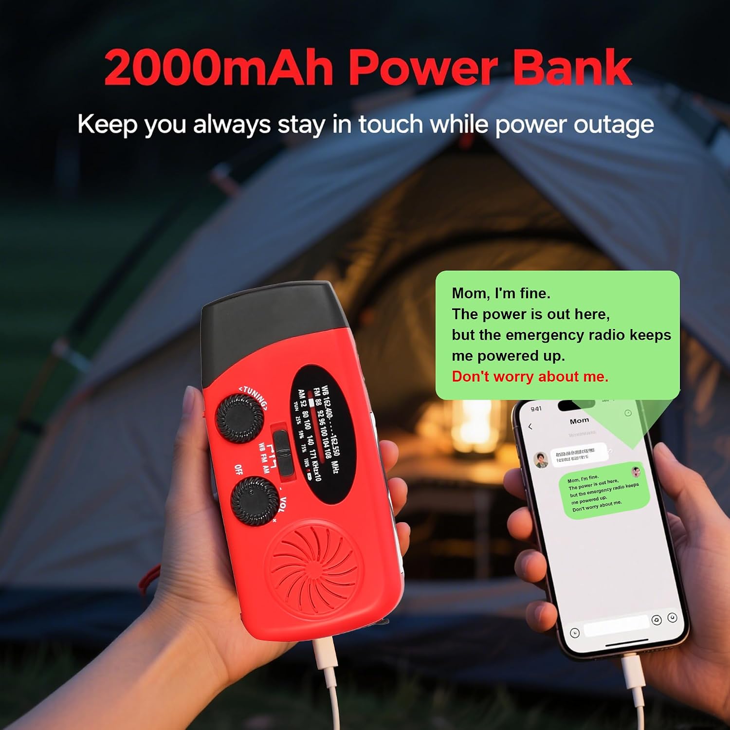 Solar Hand Crank NOAA Weather Radio, AM/FM, 2000mAh Charger, Light, SOS | 7400mWh Emergency USB phone charge, 3 LED