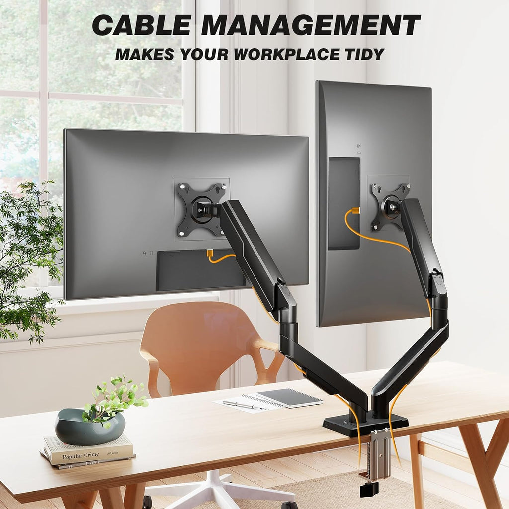 Dual Monitor Stand for 17-34 Inch Computer Screens | Gas Spring Full Motion Dual Arms, Each Holds 22lbs, Fits