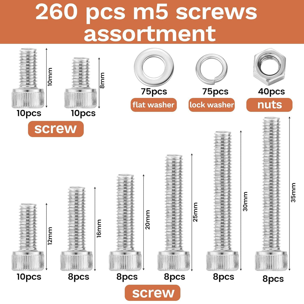 Hapric 260 Pcs M5 Screw Assortment Kit, M5x 8-35MM Bolts Kits