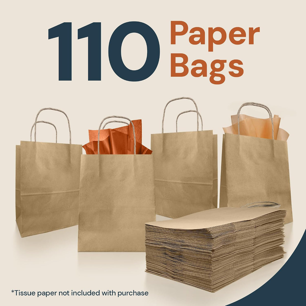 Brown Paper Bags with Handles | 110 Pack Kraft Bulk