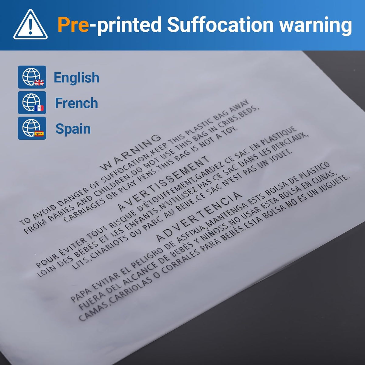 200 Count 14"x20" Strong Self Seal Clear Poly Bags with Suffocation Warning for Packaging, Shipping, T-Shirts