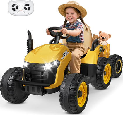 24V Ride On Tractor w/Tiltable & Detachable Trailer, EVA Tires, Up to 4.3Mph, Ride On Toys with Parental Remote
