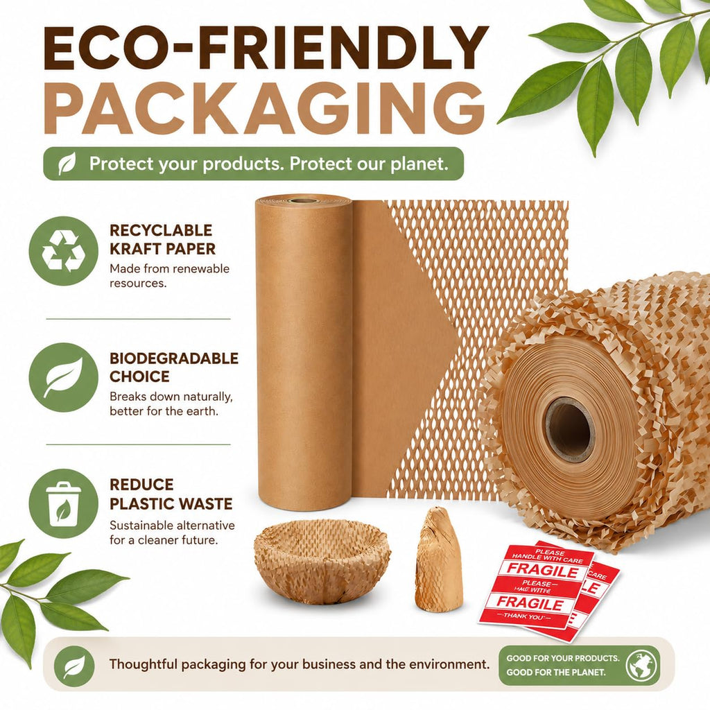 Honeycomb Packing Paper, Bubble Cushioning Wrap Alternative for Moving & Gift Wrapping, Includes 20 Fragile Sticker