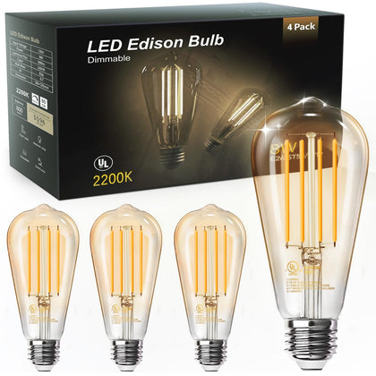 ST58 LED Edison Bulbs, E26, 8W 60W Equivalent, 2200K, Dimmable