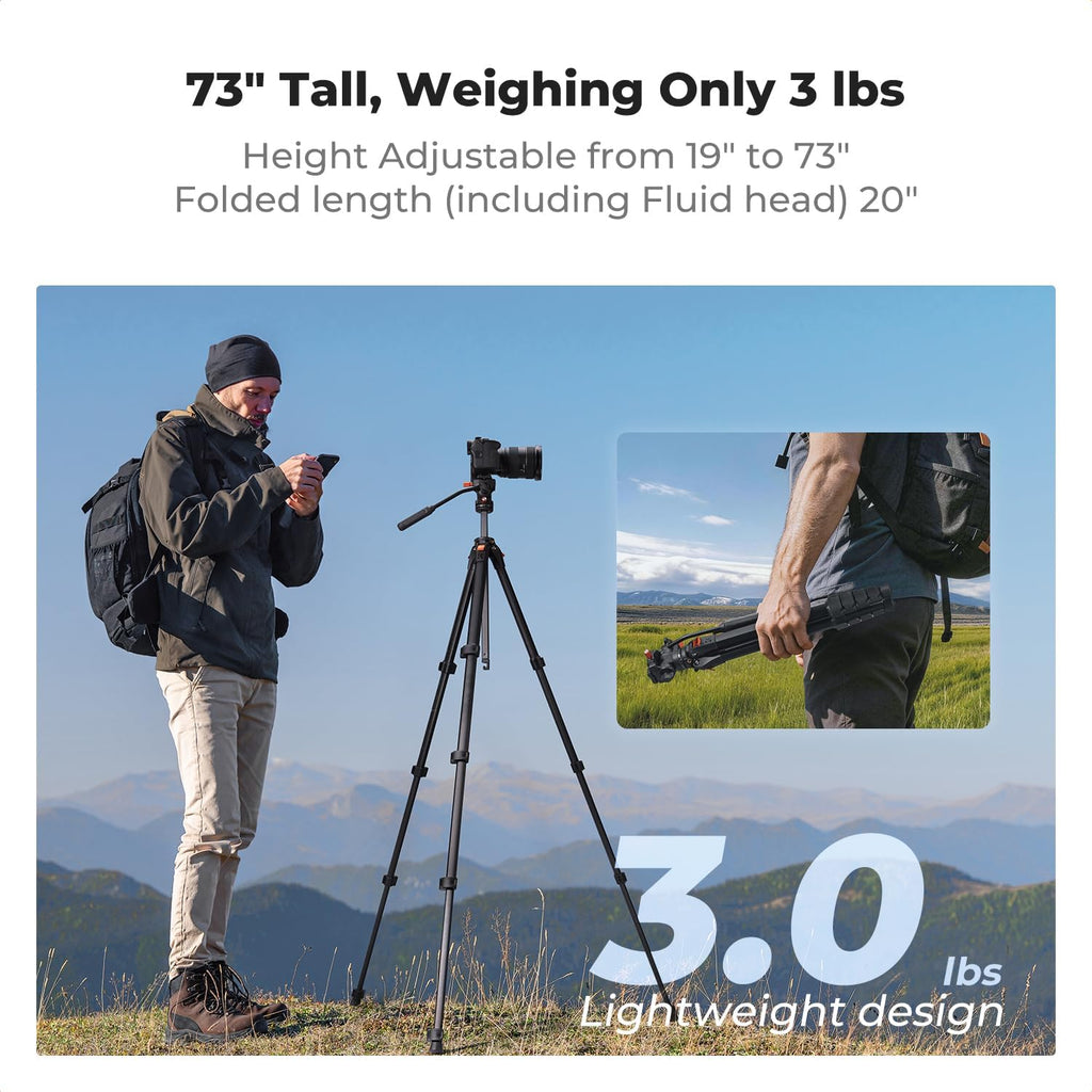 73" Camera Tripod with Fluid Head | Aluminum Travel Tripod, Smooth Pan/Tilt for DSLR/Mirrorless/Camcorder, Max Load