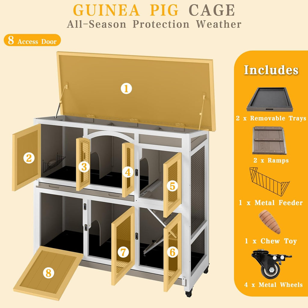 47" L Large Guinea Pig Cage with Wheels, Chew-Resistant Ramps | 2 Deep Pull-Out Trays, Hideout and 2-Story Layout for