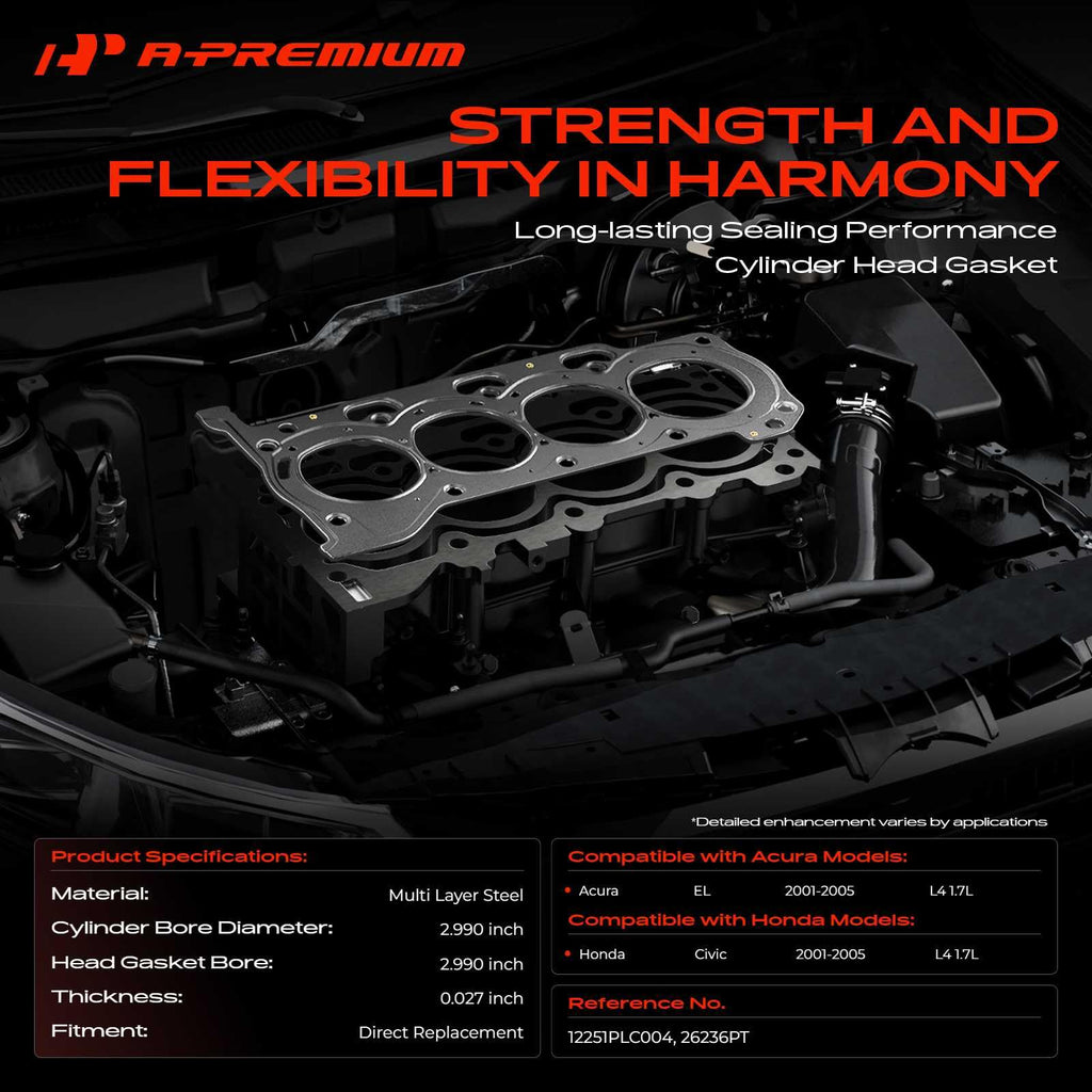 A-Premium L4 1.7L Engine Cylinder Head Gasket, Compatible with Honda