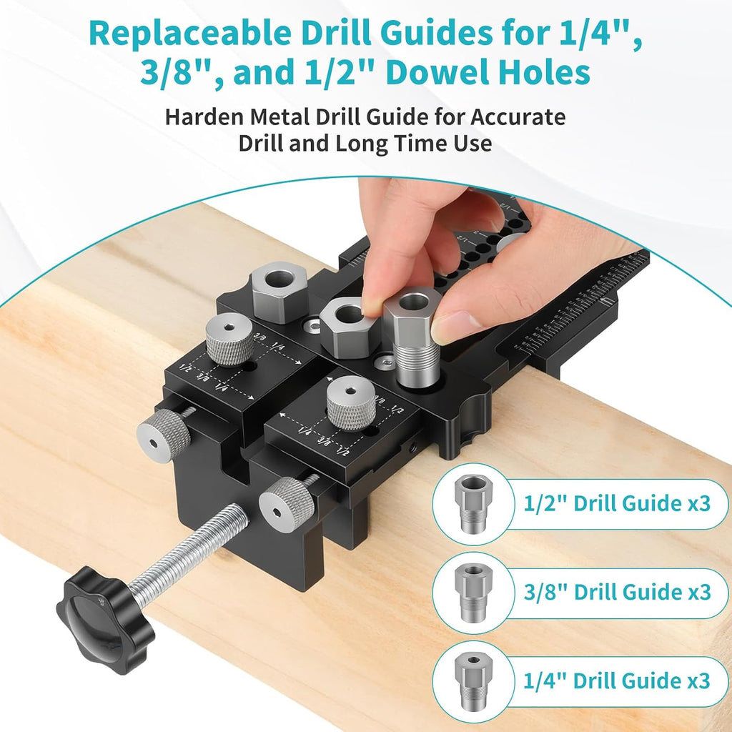 Dowel Jig Kit for Perfect Wood Joints, Self Centering Doweling Jig with 1/4 3/8 1/2 Drill Bushings & Bits