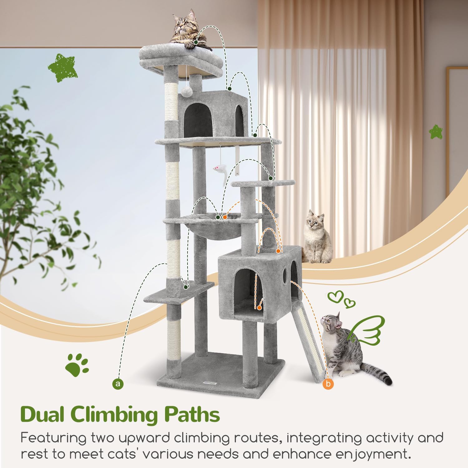 Heavy Duty Cat Tree, 70 inch Sturdy Cat Tree for Indoor Cats Extra Large Cat Tower with Scratching Post, Hammock, Cat