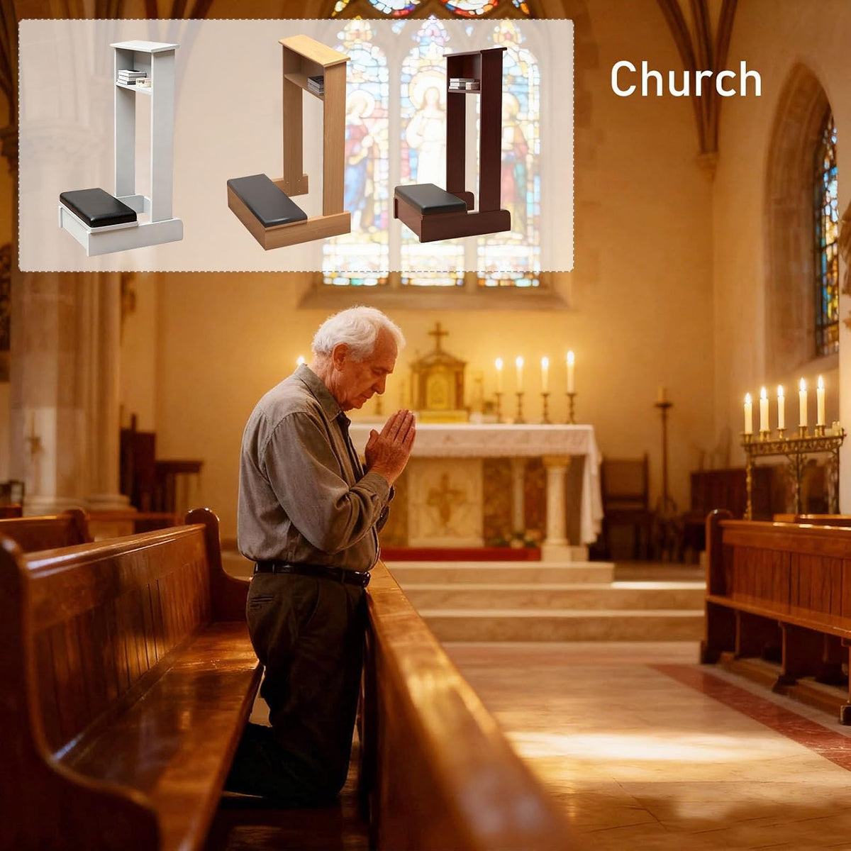 Prayer Kneeler Bench 20x16.5x33In Solid Wood Prayer Table Prayer Bench Stool with Shelf and Cushion Pad Church Pulpit