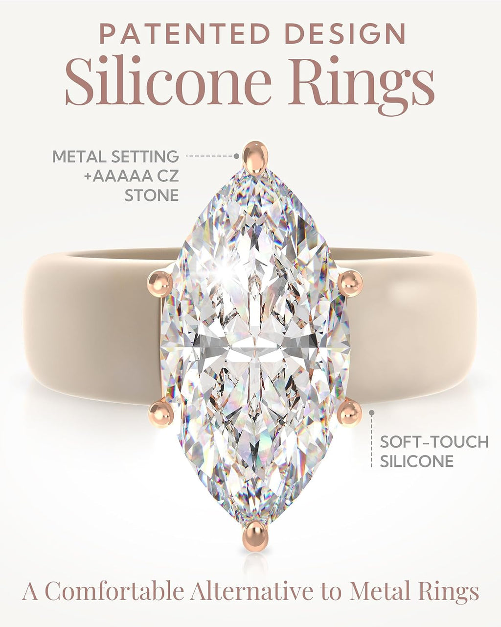 Rinfit Silicone Ring with Stone, Marquise Cut CZ