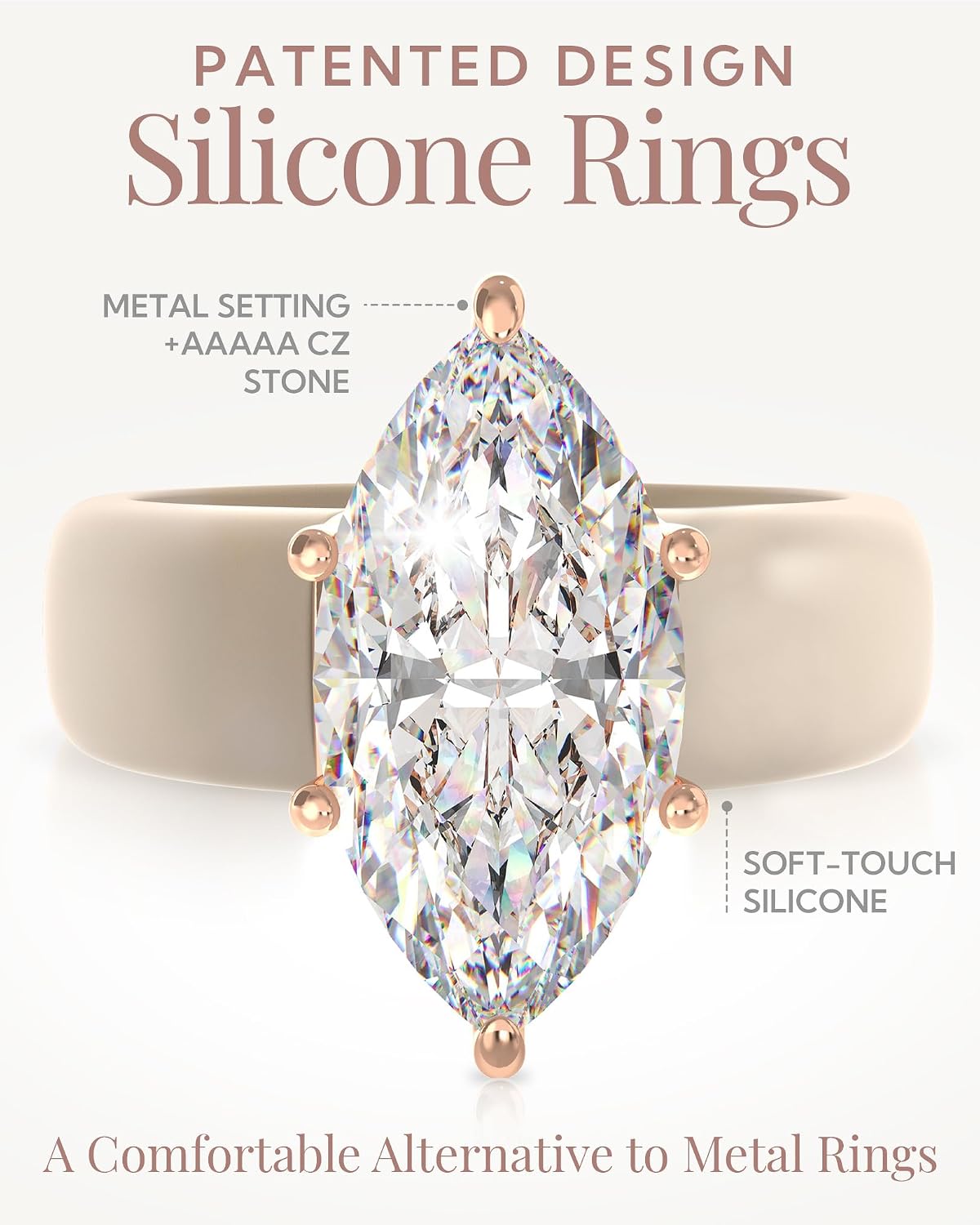 Rinfit Silicone Ring with Stone, Marquise Cut CZ
