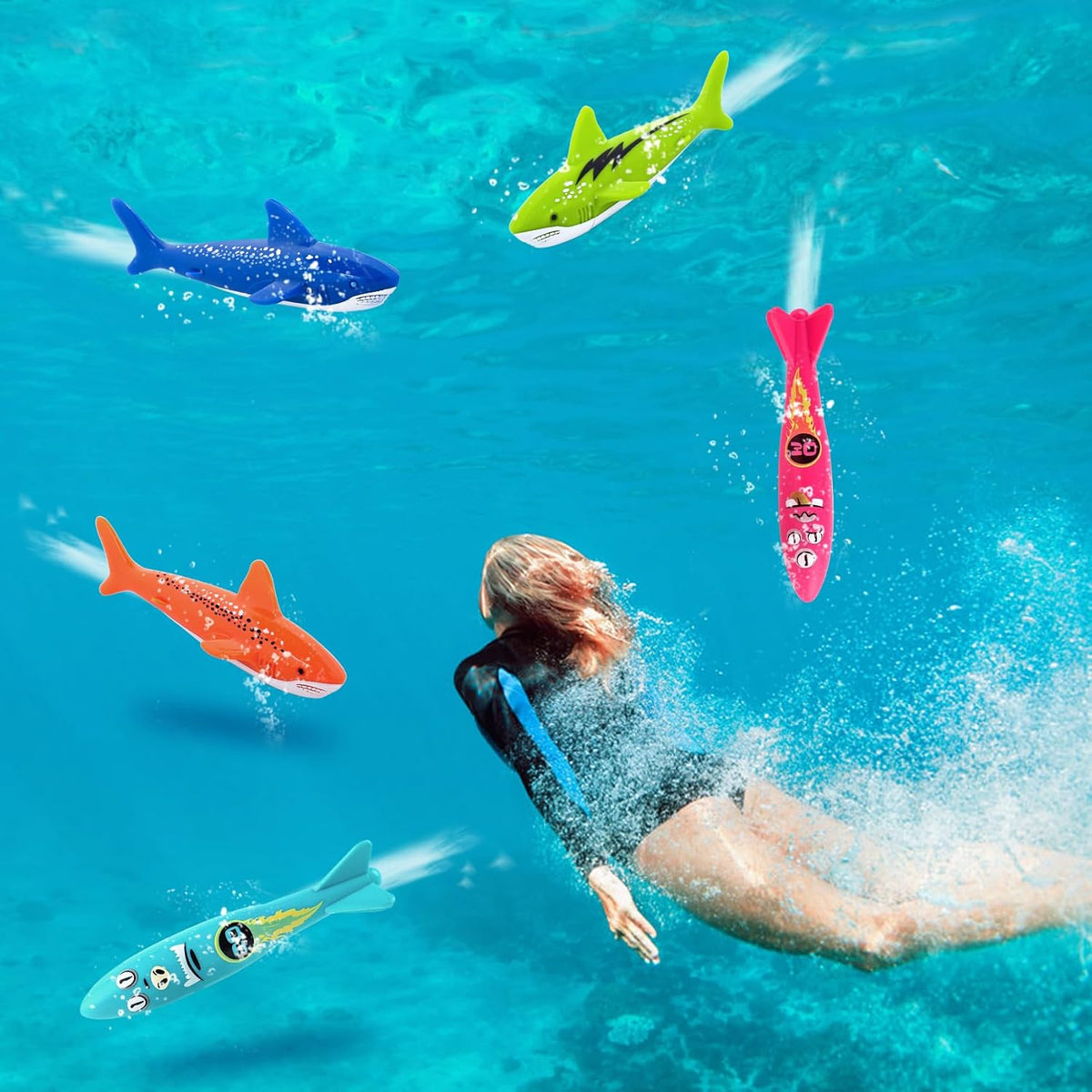 Pool Toys for Kids Ages 4-8, 8Pcs Underwater Pool Torpedo Bandit | Gliding Shark Diving Toys for Kids Ages 8-12 Fun