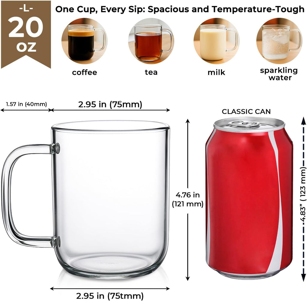20oz Glass Coffee Mugs Set of 2, Clear Borosilicate Cups with Handle