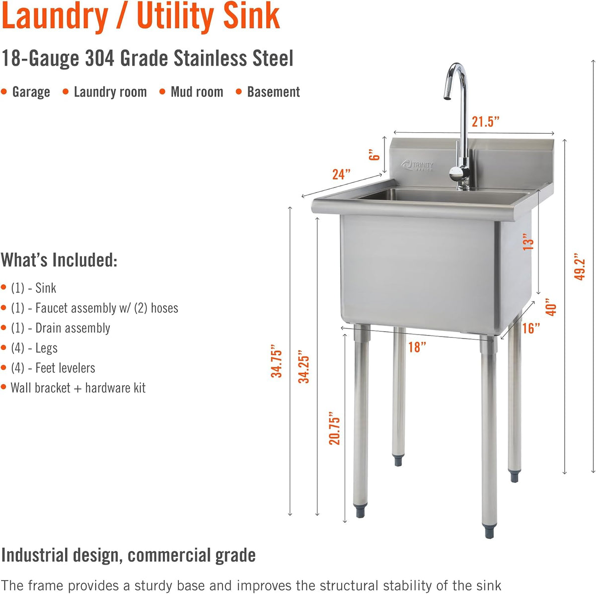Basics 21.5" NSF Freestanding Stainless Steel Utility Sink w/Faucet